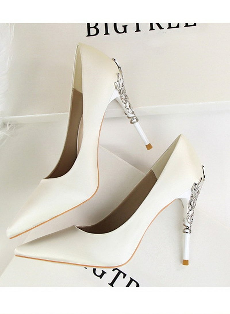BIGTREE Women's Elegant Stiletto Pumps With 10 CM Personalized Metal Heel Elegant Gorgeous Closed Pointed Toe Slip On Solid High Heels White  - Image 4