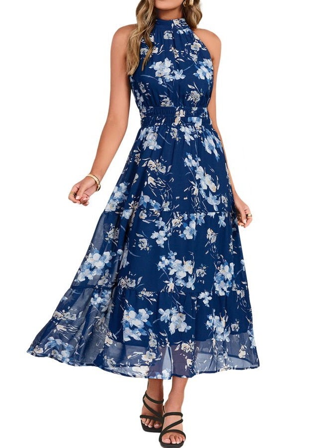 SIMPLEE Womens Summer Halter Wedding Guest Dress Maxi Floral Vacation Boho Sundresses Flowy Formal Long Travel Dresses 2026, Deep Blue, XL - Image 1