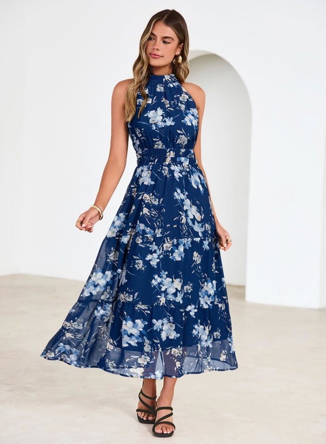 SIMPLEE Womens Summer Halter Wedding Guest Dress Maxi Floral Vacation Boho Sundresses Flowy Formal Long Travel Dresses 2026, Deep Blue, XL - Image 4