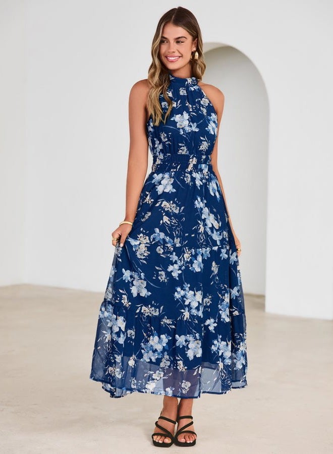 SIMPLEE Womens Summer Halter Wedding Guest Dress Maxi Floral Vacation Boho Sundresses Flowy Formal Long Travel Dresses 2026, Deep Blue, XL - Image 5