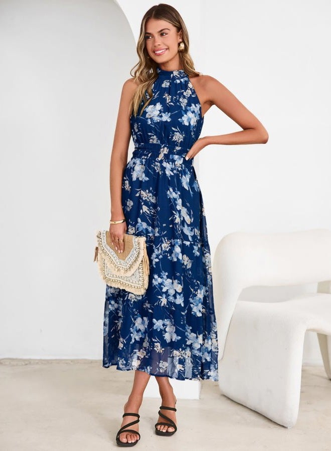 SIMPLEE Womens Summer Halter Wedding Guest Dress Maxi Floral Vacation Boho Sundresses Flowy Formal Long Travel Dresses 2026, Deep Blue, XL - Image 2