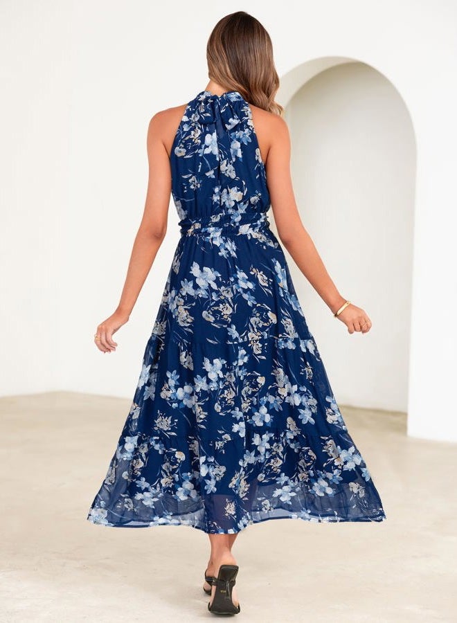 SIMPLEE Womens Summer Halter Wedding Guest Dress Maxi Floral Vacation Boho Sundresses Flowy Formal Long Travel Dresses 2026, Deep Blue, XL - Image 3
