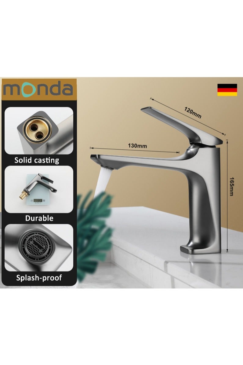 Monda Stainless Steel Faucet Suitable for Kitchen Bathroom Hot and Cold Water Wash Basin Household Single Hole Basin with 60cm Hose Grey - Image 1