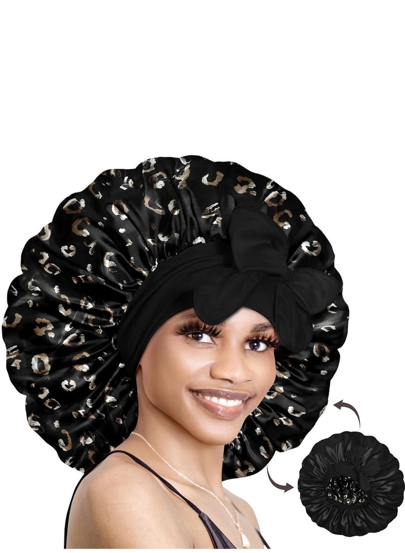 1pc Silk Bonnet for Sleeping Women Large Satin Bonnet Hair Bonnet night sleep cap wrap cover scarf for curly hair Leopard  - Image 1
