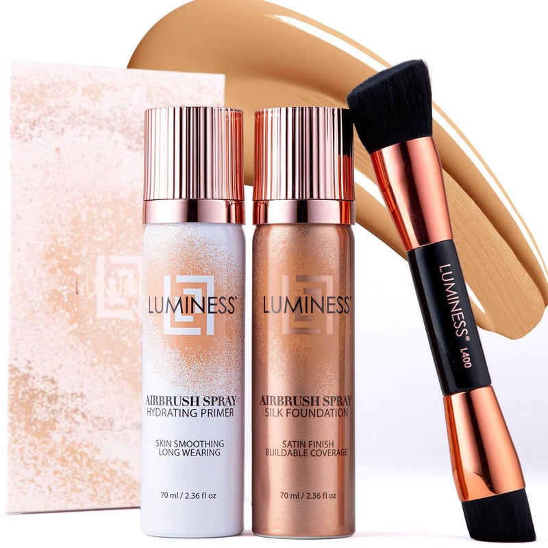 LUMINESS Airbrush Spray Silk Foundation Starter Kit - Medium - Foundation, Primer & Dual-Sided Angled Buffing Brush - Medium, Buildable Coverage, Anti-Aging Formula Hydrates & Moisturizes - Image 1
