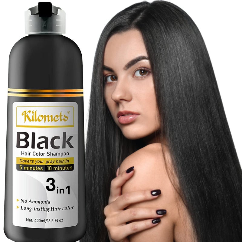 Kilomets BLACK Hair Dye Shampoo 400ml 100 Grey Coverage in Minutes Ammonia Free Hair Color Shampoo Cover Gray Silver Hair Instant Darkening Coloring At Home Gift for Mom Dad