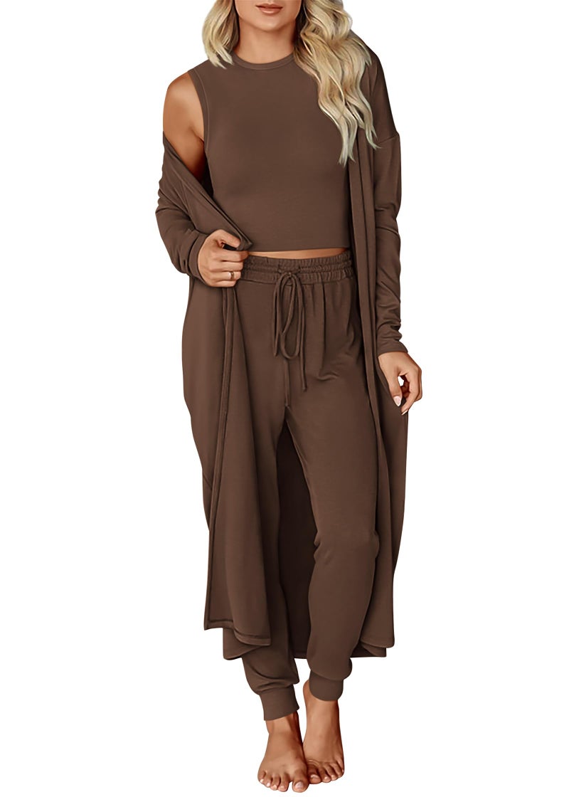 KIRUNDO 3 Piece Lounge Sets for Women Airport Travel Vacation Outfits Spring Cardigan Matching Sleeveless Top Jogger Pants(Brown, Medium) - Image 1