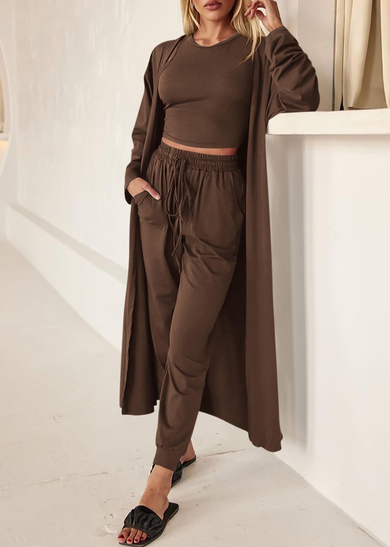 KIRUNDO 3 Piece Lounge Sets for Women Airport Travel Vacation Outfits Spring Cardigan Matching Sleeveless Top Jogger Pants(Brown, Medium) - Image 4