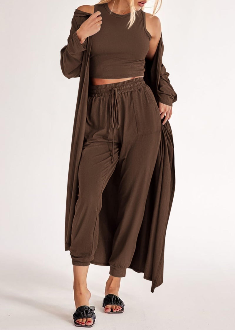 KIRUNDO 3 Piece Lounge Sets for Women Airport Travel Vacation Outfits Spring Cardigan Matching Sleeveless Top Jogger Pants(Brown, Medium) - Image 3