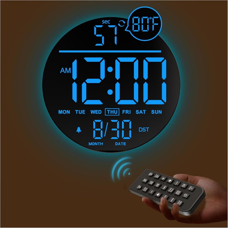 Jall 10" Large Digital Wall Clock with Seconds, Alarm Countdown Timer, Big LED Display, RGB Color, DST, Temperature, Mounted for Bedroom Living Room Office Classroom Gym, Xmas Birthday Gift, Blue - Image 1