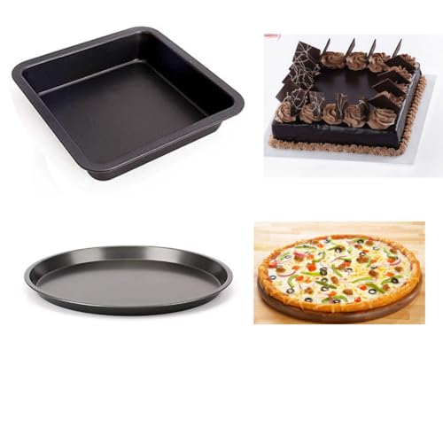 TrendyTrolley® Pizza Tray & Square Cake Tin Set | 2 Pc Premium Non-Stick Oven Bakeware Combo | Perfect for Pizza, Brownies, Cakes & Baking Gifts | Dishwasher Safe & Easy Clean - Image 1