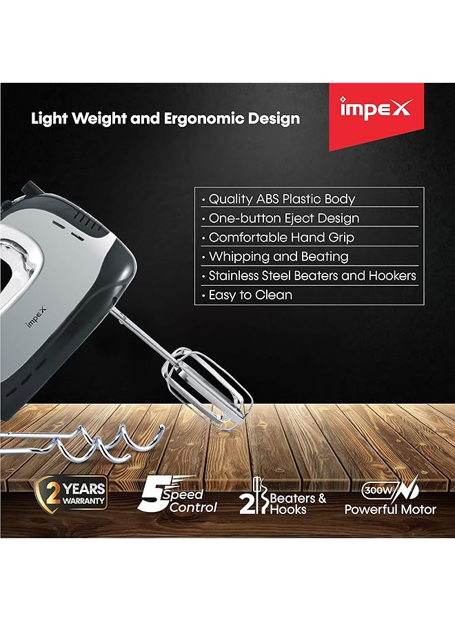 Impex Hm3301 5 Speed Hand Mixer Egg Beater Dough Maker 300 Watts Black And White - Image 3