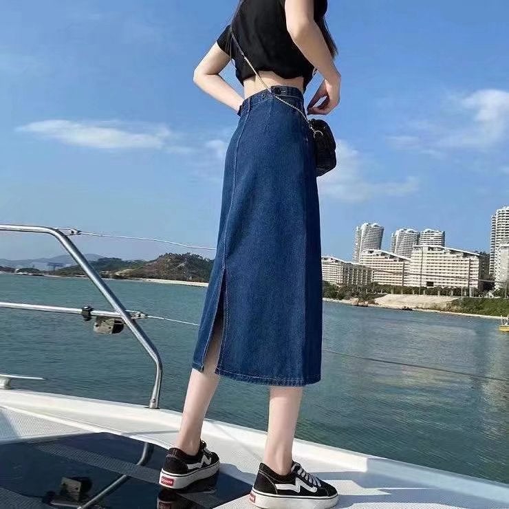 Spring and Summer Retro Women's Hong Kong Style Split Large Size Denim Skirt Women's Mid-Length High Waist A- Line Hip Skirt for Chubby Girls - Image 1