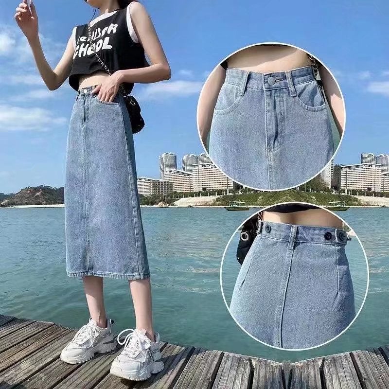 Spring and Summer Retro Women's Hong Kong Style Split Large Size Denim Skirt Women's Mid-Length High Waist A- Line Hip Skirt for Chubby Girls - Image 2