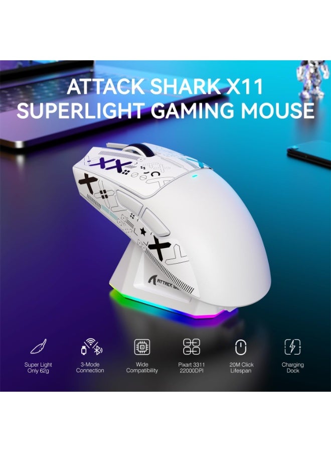 Attack Shark Shark Attack X11 Wireless Tri-Mode Gaming Mouse with Magnetic Charging Base Lightweight Anti-Slip Mouse PixArt PAW3311 Sensor 22K DPI BT/2.4GHz/Wired for PC/Mac White - Image 3
