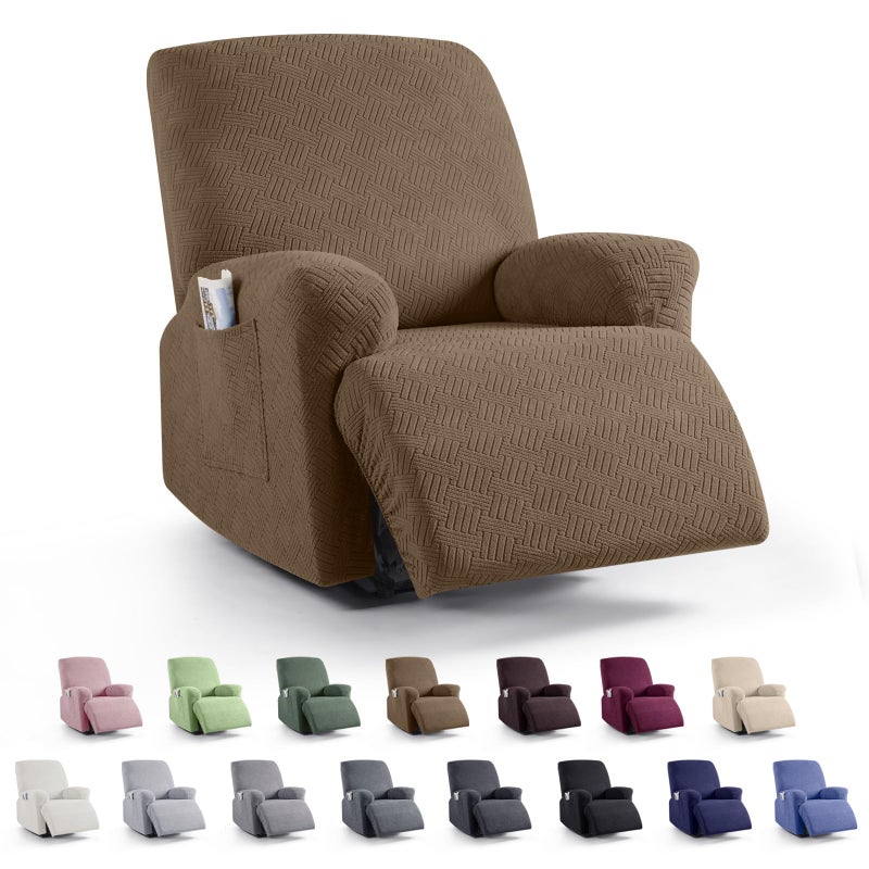 KinCam Recliner Covers Stretch Reclining Chair Covers Recliner Sofa Slipcovers Stripe Jacquard Recliner Couch Covers Furniture Protector Covers for Pet Kid 1 Seater Brown