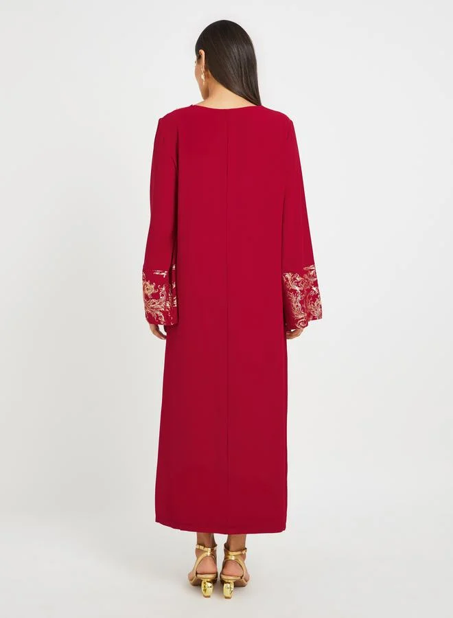 Take Two Take Two Embroidered Lace Detail Foil Print A-Line Jalabyia