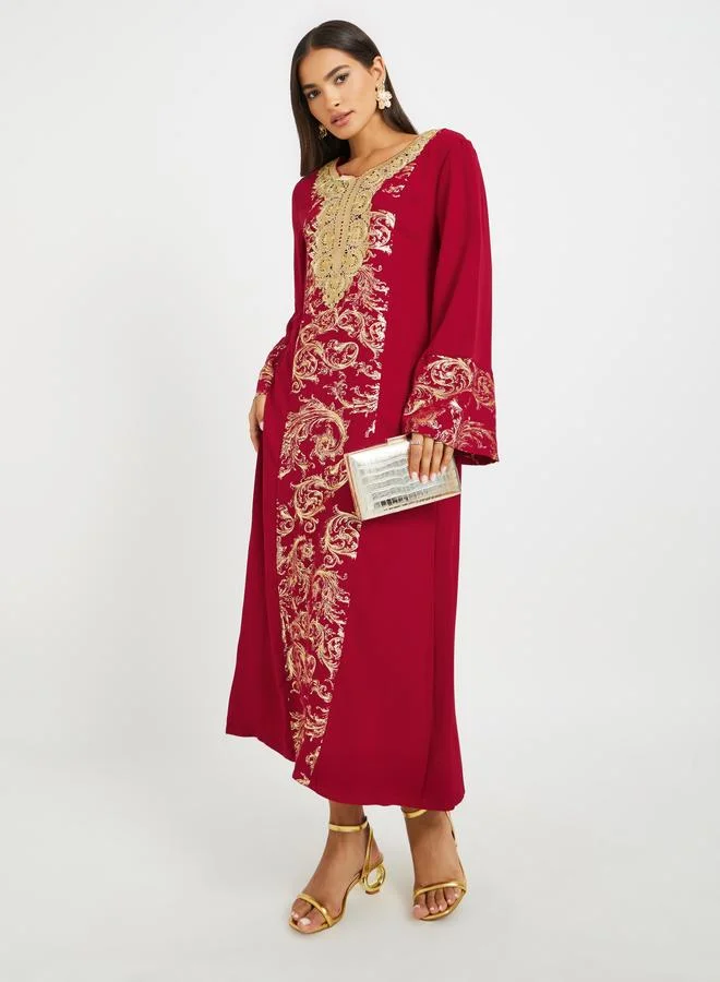 تايك تو Take Two Embroidered Lace Detail Foil Print A-Line Jalabyia