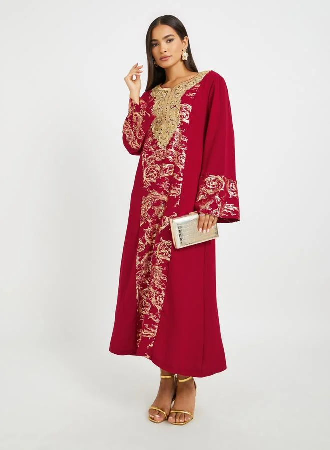 تايك تو Take Two Embroidered Lace Detail Foil Print A-Line Jalabyia