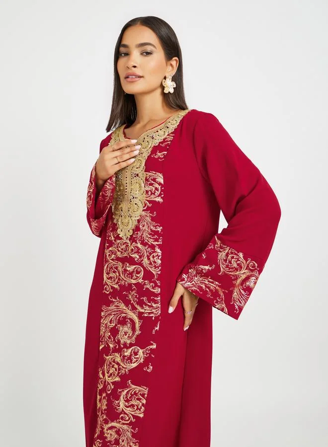 Take Two Take Two Embroidered Lace Detail Foil Print A-Line Jalabyia