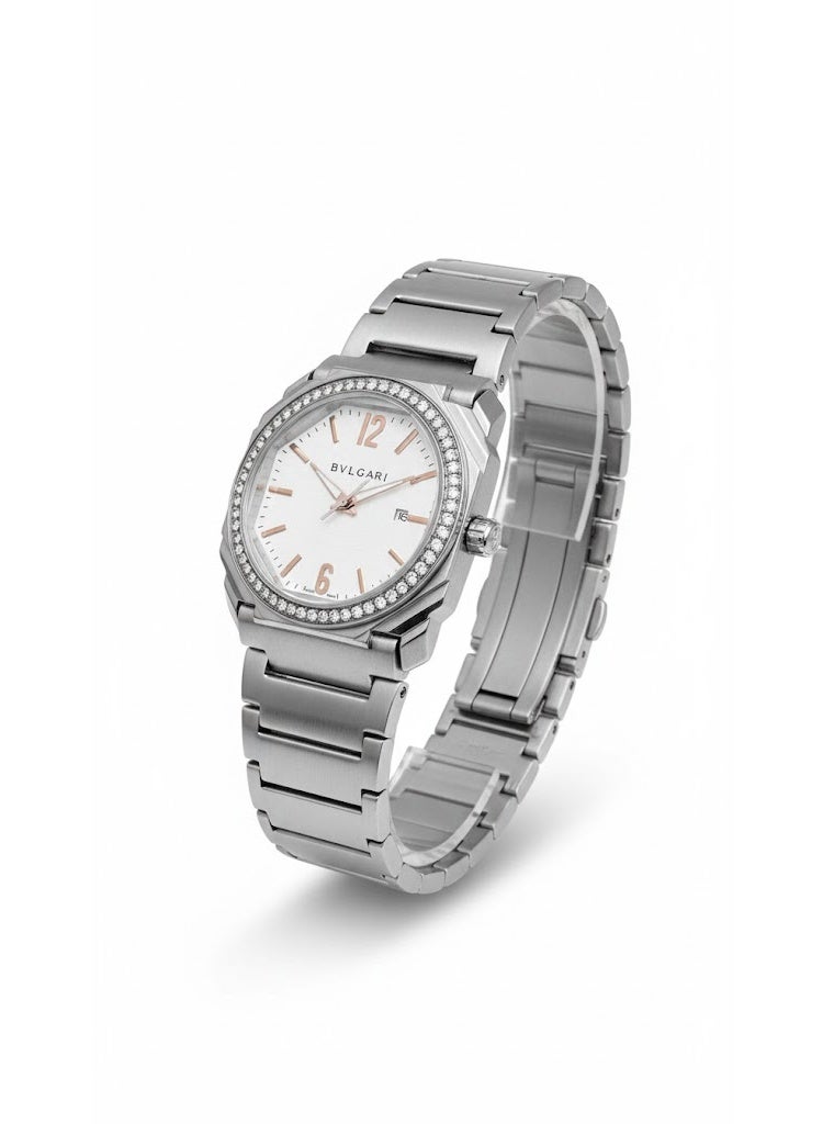 بولغاري ساعة بولغاري نسائية من الفولاذ المقاوم للصدأ مرصعة بالألماس مع مينا أبيض