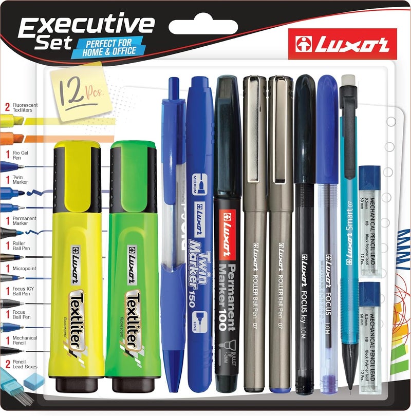 Luxor - Executive Set | Smooth Ink Flow pens and markers | | Assorted Ink | Quick Dry, Waterproof Ink for Smooth Writing Experience | Assorted Ink, Pack Of 12 - Image 1