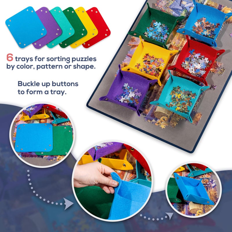 Tektalk Jigsaw Puzzle Board with 6 Color Sorting Trays Portable Puzzle Mat with Dustproof Cover for Puzzle Storage Saver, Non-Slip Surface, Up to 1000 Pieces - Grey - Image 2