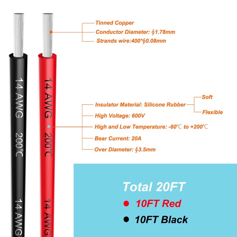 Haerkn Electrical Wire 14 Awg 14 Gauge Silicone Wire Hook Up Wire Cable 20 Feet [10 Ft Black And 10 Ft Red] Soft And Flexible 400 Strands 0.08 Mm Of Tinned Copper Wire High Temperature Resistance (14Awg) - Image 4