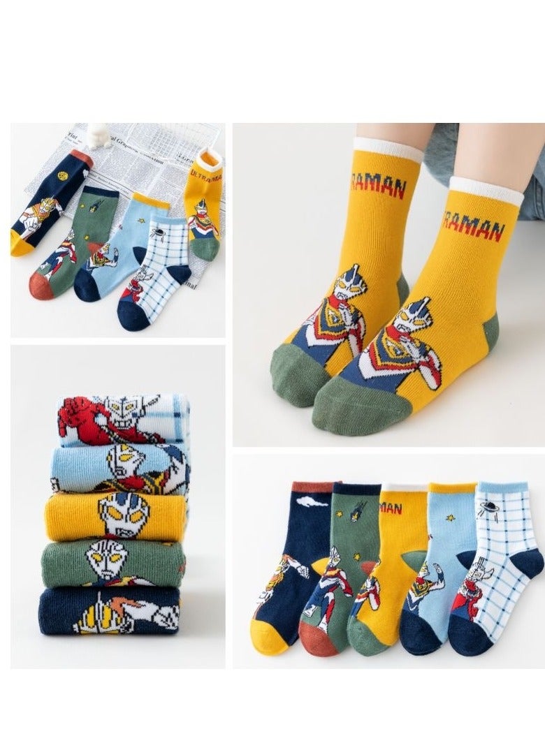 Generic 5 pairs of cartoon Ultraman pattern children's socks, cotton socks, stacked socks, sports socks, comfortable and versatile (size: recommended foot length: 17-19CM; Suitable for children aged 6-8) - Image 1
