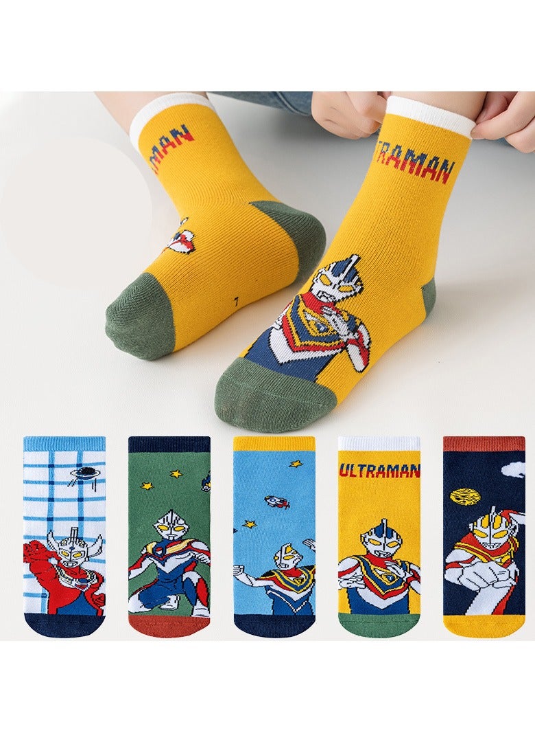 Generic 5 pairs of cartoon Ultraman pattern children's socks, cotton socks, stacked socks, sports socks, comfortable and versatile (size: recommended foot length: 17-19CM; Suitable for children aged 6-8) - Image 2