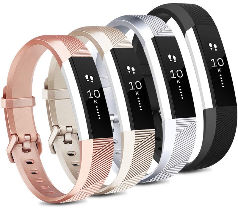 Tobfit 4 Pack Bands Compatible with Fitbit Alta/Alta HR Bands, Soft Sport Silicone Replacement Wristbands for Women Men (Small, Black/Champagne Gold/Rose Gold/Silver)