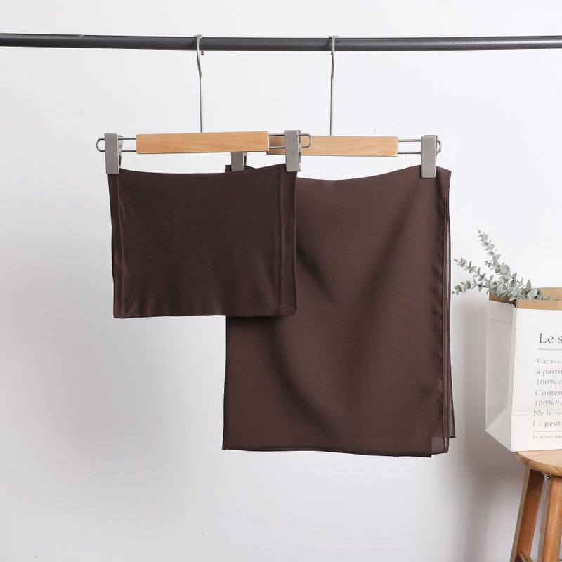 Pearl Chiffon Long Scarf Hijab with Milk Silk Cap Coffee - Image 1