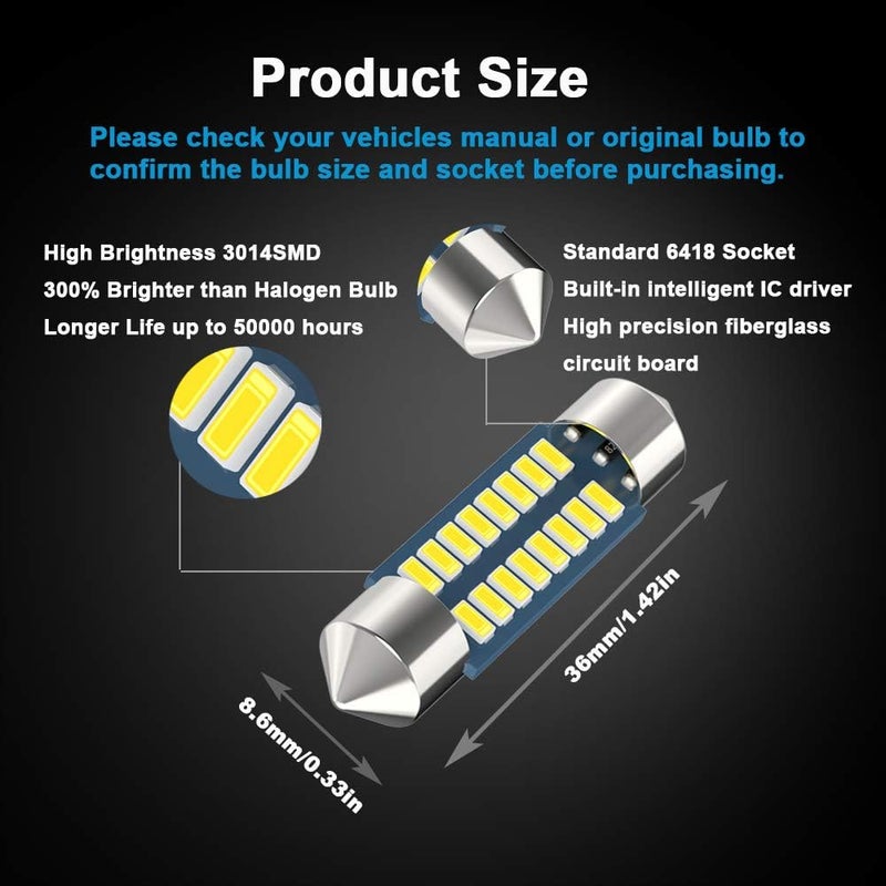 Serundo Auto 6418 Led Festoon Bulb 36mm 1.42in C5W Festoon Led, Super Bright 16SMD 3014 Chips 6000k White Interior Led Bulb Used for Car Map Dome Courtesy Trunk Light etc, Pack of 4pcs - Image 2