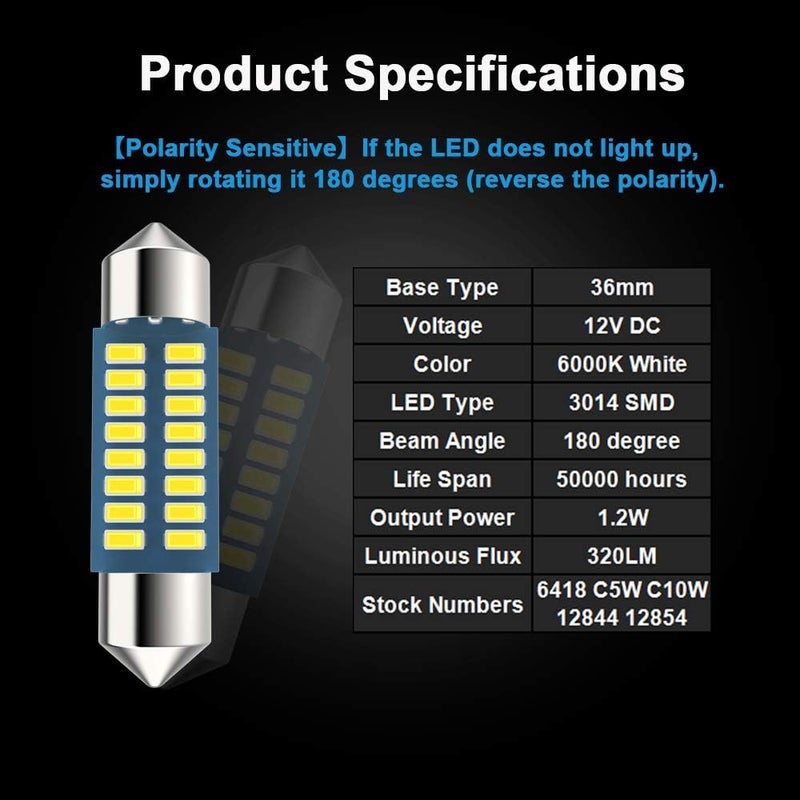 Serundo Auto 6418 Led Festoon Bulb 36mm 1.42in C5W Festoon Led, Super Bright 16SMD 3014 Chips 6000k White Interior Led Bulb Used for Car Map Dome Courtesy Trunk Light etc, Pack of 4pcs - Image 5