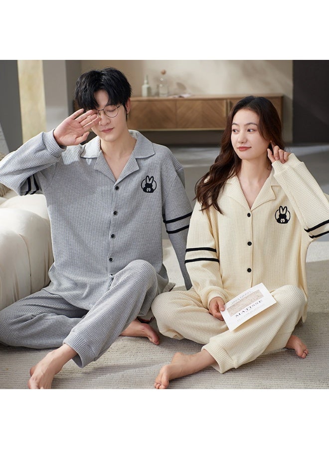 Autumn Winter Couple Men and Women Cotton Sleepwear Turn-down Collars Long Sleeve Pants Solid Nightwear Suit - Image 1