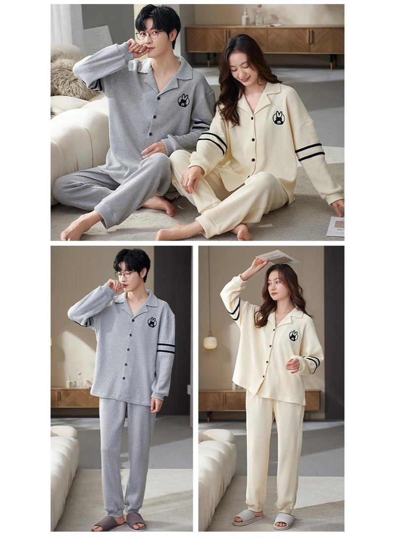 Autumn Winter Couple Men and Women Cotton Sleepwear Turn-down Collars Long Sleeve Pants Solid Nightwear Suit - Image 2