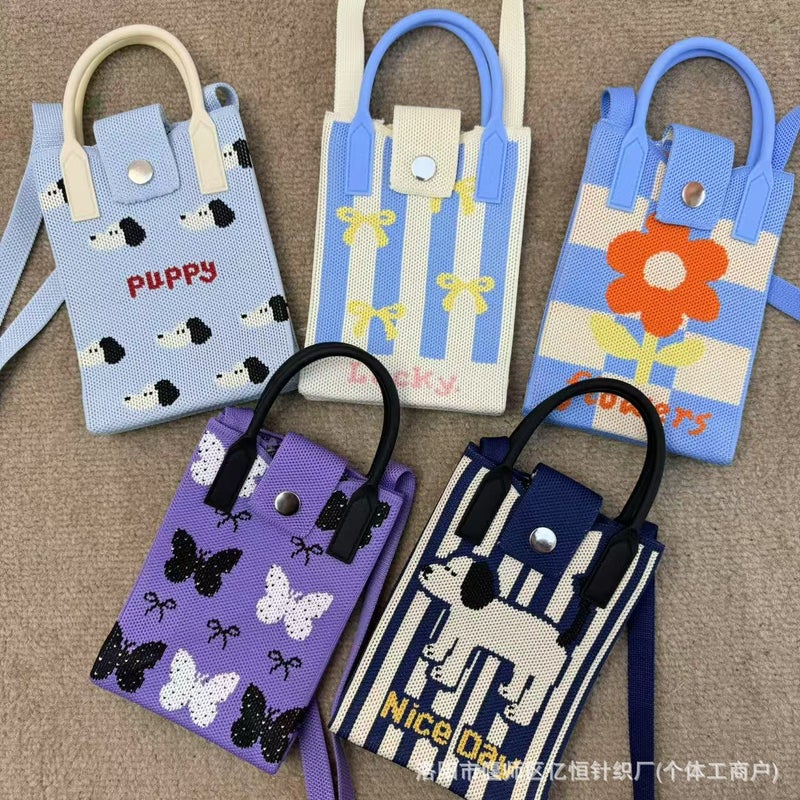 New Knitted Crossbody Mobile Phone Bag Fashionable All-Match Flower Cartoon Knitted Crossbody Bag Women'S Hand Tote Bag - Image 2