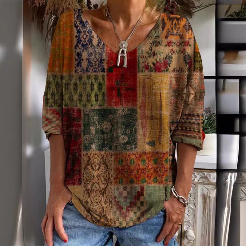 Independent Station Wish2023 Loose Long Sleeve Geometric Pattern 3D Digital Printing V-Neck Half Sleeve T-Shirt For Women - Image 5