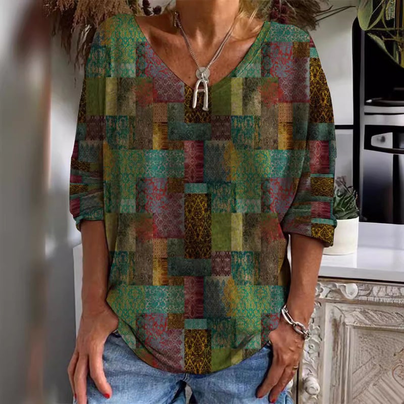 Independent Station Wish2023 Loose Long Sleeve Geometric Pattern 3D Digital Printing V-Neck Half Sleeve T-Shirt For Women - Image 4