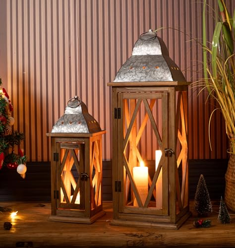 Venalys Large Farmhouse Wooden Metal Lantern Set of 2, Rustic Decorative Floor Candle Lanterns, Indoor/Outdoor Hanging Lanterns for Home Decor (No Glass) - Image 1