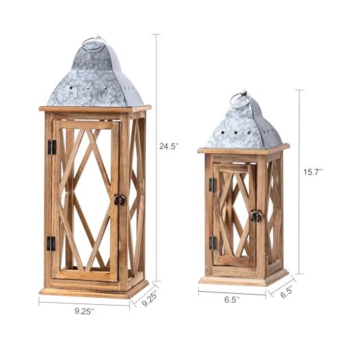 Venalys Large Farmhouse Wooden Metal Lantern Set of 2, Rustic Decorative Floor Candle Lanterns, Indoor/Outdoor Hanging Lanterns for Home Decor (No Glass) - Image 3
