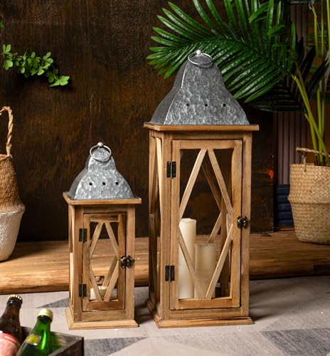 Venalys Large Farmhouse Wooden Metal Lantern Set of 2, Rustic Decorative Floor Candle Lanterns, Indoor/Outdoor Hanging Lanterns for Home Decor (No Glass) - Image 2