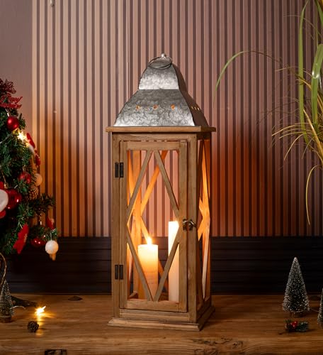 Venalys Large Farmhouse Wooden Metal Lantern Set of 2, Rustic Decorative Floor Candle Lanterns, Indoor/Outdoor Hanging Lanterns for Home Decor (No Glass) - Image 5