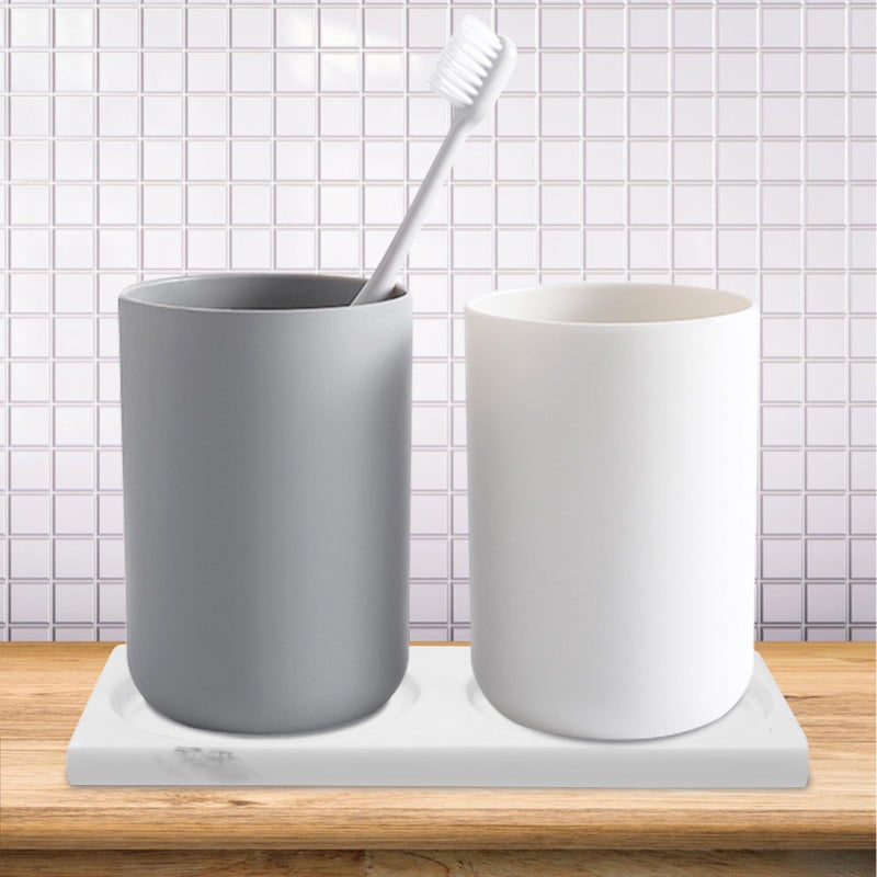 White Imitation Stone Resin Vanity Tray And Toothbrush Holder Bathroom Organizer Set - Image 4