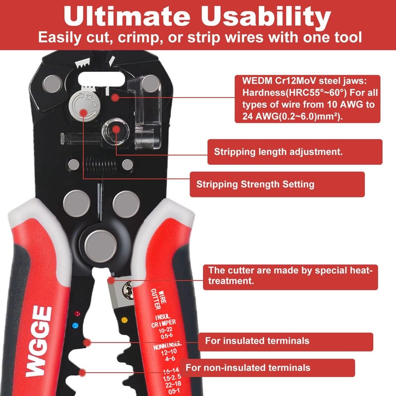 WGGE WG-014 Self-Adjusting Insulation Wire Stripper. For stripping wire from AWG 10-24, 3 in 1 Automatic Wire Stripping Tool/Cutting Pliers Tool, Automatic Strippers with Cutters & Crimper 8" - Image 4