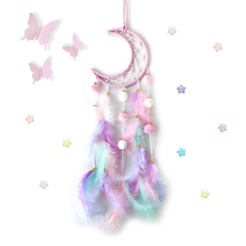 Fun-Plus Pink Moon Dream Catcher Wall Decor for Teen Girls, Handmade Baby Dreamcatcher, Wall Hanging Decor for Nursery Bedroom, Boys Girls Gift Set with 3D Butterfly and Stars - Image 1