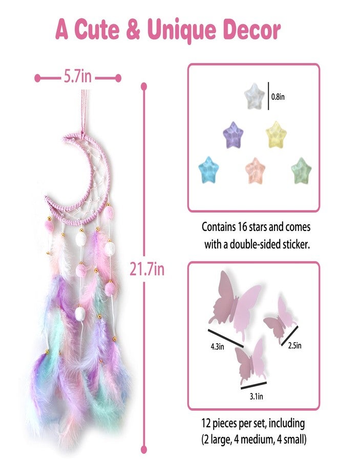 Fun-Plus Pink Moon Dream Catcher Wall Decor for Teen Girls, Handmade Baby Dreamcatcher, Wall Hanging Decor for Nursery Bedroom, Boys Girls Gift Set with 3D Butterfly and Stars - Image 2
