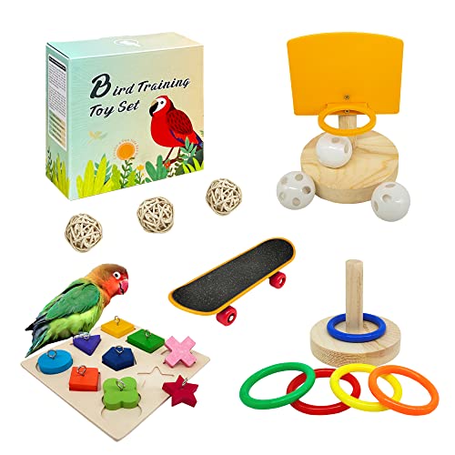 YUESUO Bird ToysParrot Training Toys for LovebirdFiveTypes Parakeet Toys Sets for Conure Cockatiel12 PCS Parrot Intelligence ToyBasketball HoopSkateboardStacking ToysWooden Block Bird Puzzles Toy - Image 1