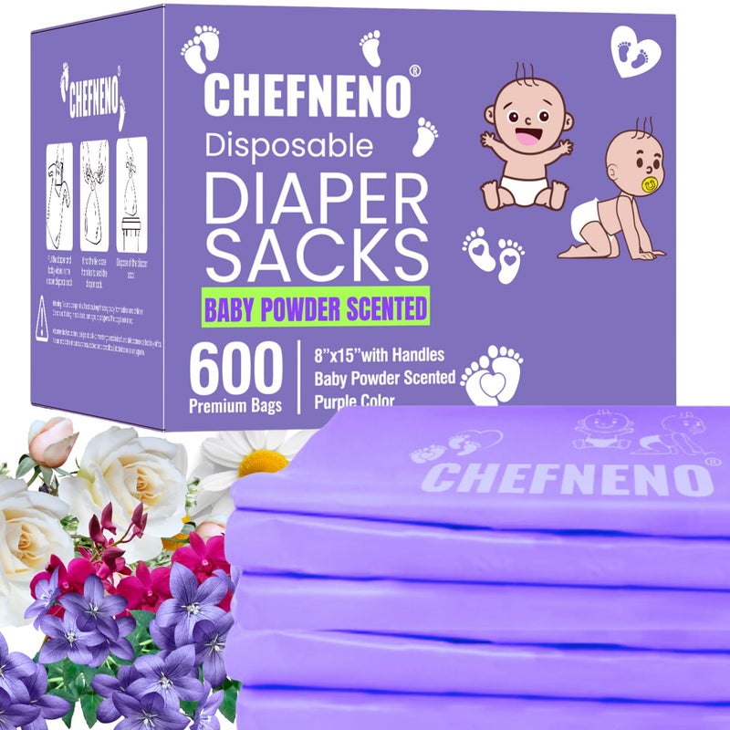 CHEFNENO Baby Diaper Bag Disposable (600 Count) Fresh Baby Powder Scented Easy Tie Handles Bulk Diaper Sacks Disposable Dog Poop Waste Bags Cat Litter Clump & Poop Bags Sanitary Pad Waste Bags (600 Bags) - Image 1