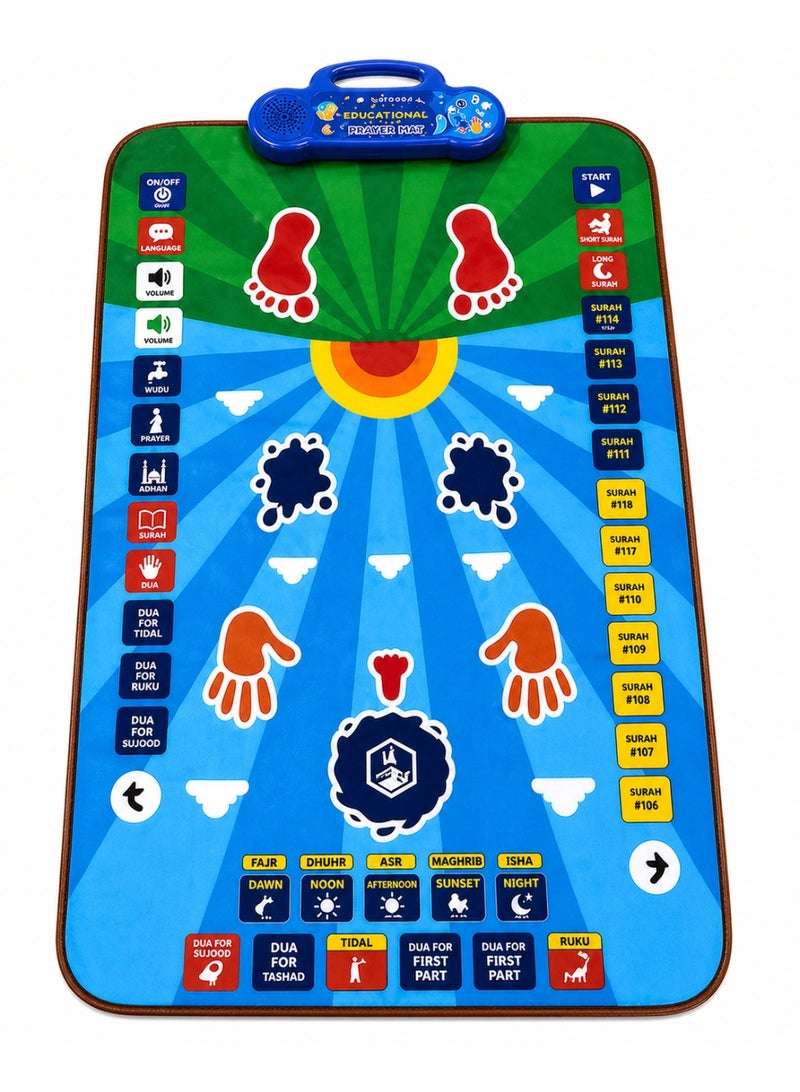 Interactive Educational Prayer Mat For Kids With 36 Touch Sensitive Keys – 7 Languages Learning Salah Wudu Adhan Surahs & Duas – Foldable Waterproof Kids Prayer Mat 45×28 Inch - Image 3